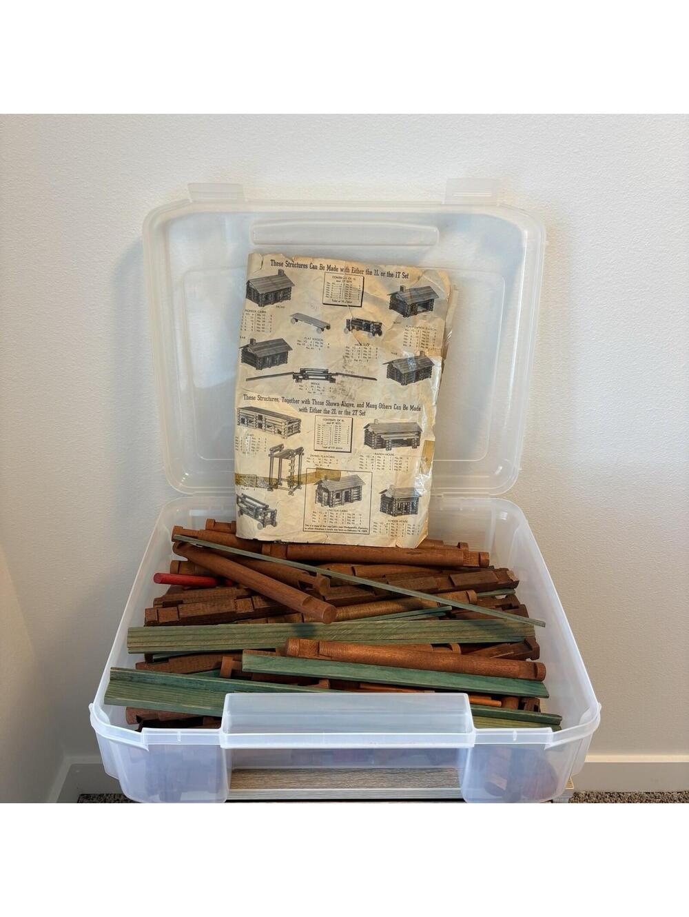 Vintage 1940s Lincoln Logs Mixed Lot with Original Design Book, Incomplete
